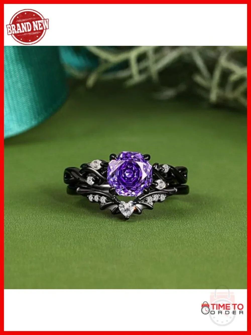 1.5ct Black Thorn Purple Rose Cut 925 Sterling Silver Gothic Bat Engagement